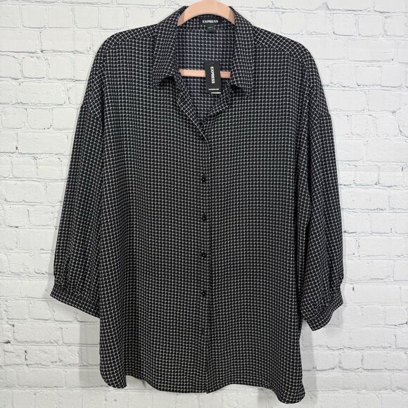 Express Blouse Women Large Check Geometric Abstract Flowy Long Sleeve Preppy Top - Picture 1 of 11